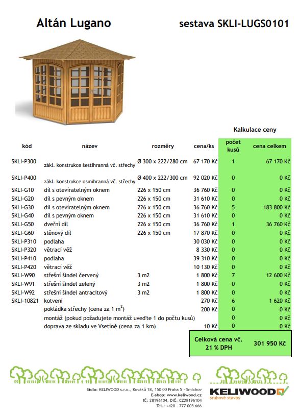 Altán, altány, kalkulace ceny