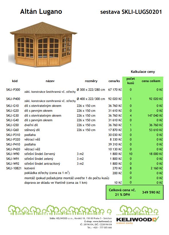 Altán, altány, kalkulace ceny