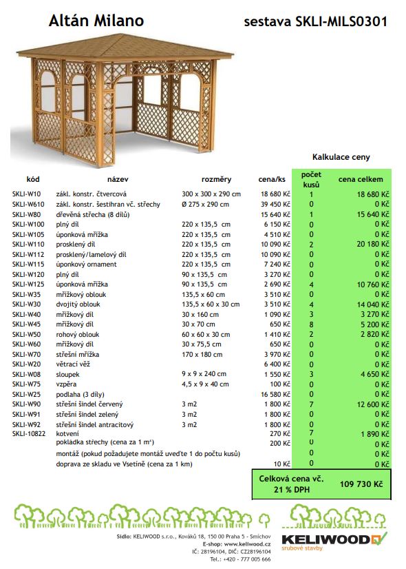 Altán, altány, kalkulace ceny