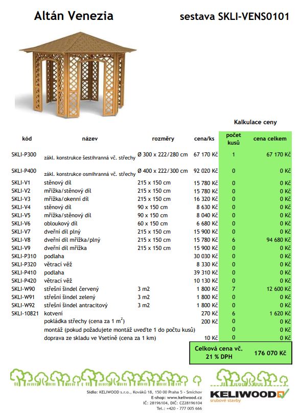 Altán, altány, kalkulace ceny