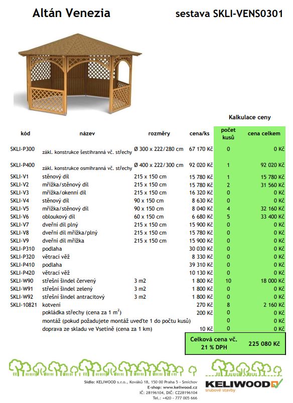 Altán, altány, kalkulace ceny
