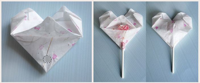 origami srdce, návod na origami, valentýnské lízátko